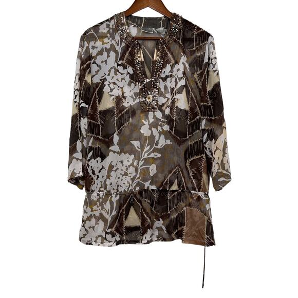 Chico's Womens Top‎ 2 Plus Brown Tan Beaded Floral Abstract Sheer Tunic Blouse - Picture 1 of 11